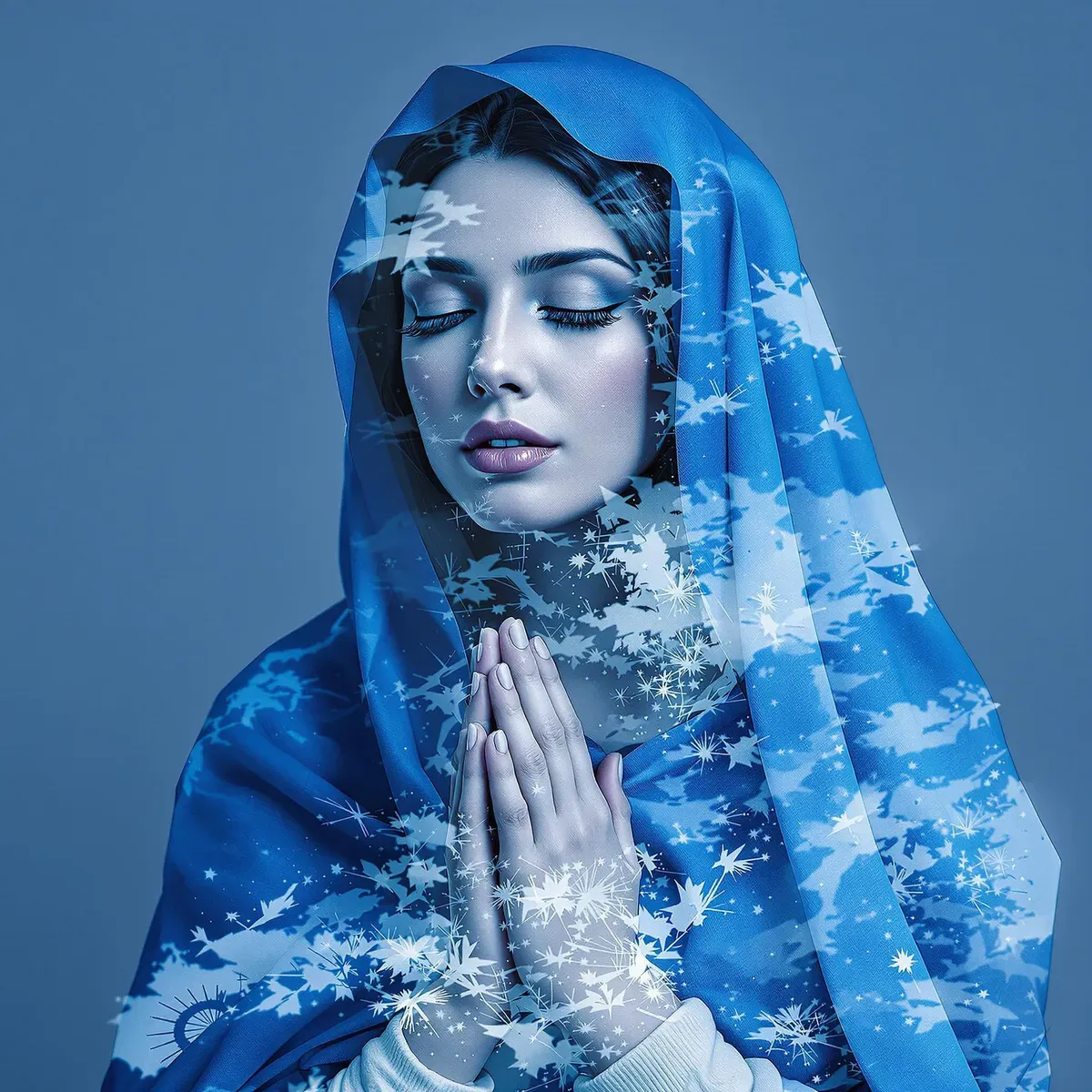 FLUX 1.1 Pro Ultra 변형 실물 — 'Mother Mary with a blue veil' 접두어를 더했고, Midjourney 전용 파라미터가 무시돼 정사각형으로 렌더링됐다