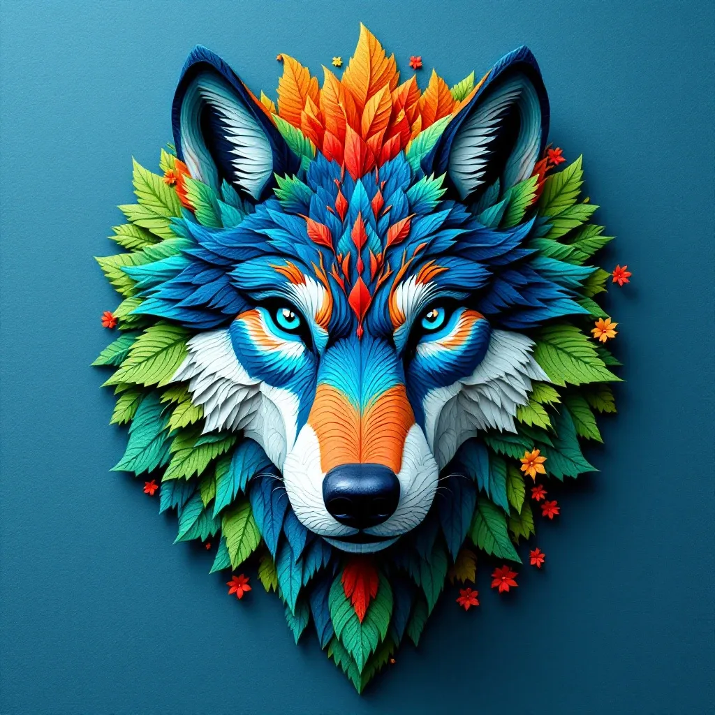 FLUX 1.1 Pro 변형 — 소재만 'Wolf'로 바꿨는데 로우폴리 대신 잎사귀·꽃잎 모자이크 초상으로 나온 버전