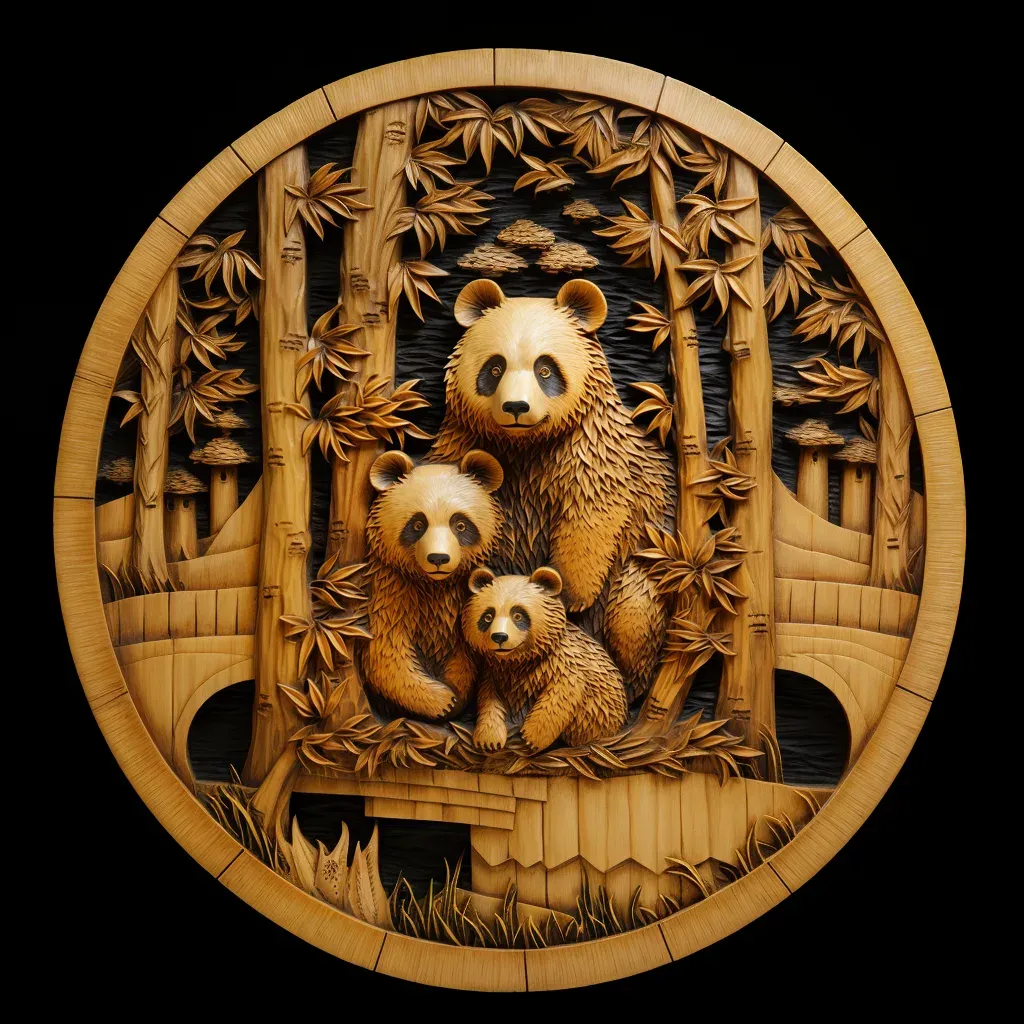 변형 — 같은 계정이 소재를 판다로 바꾸고 'by Dongyang wood carving' 구절을 덧붙인 원형 부조 버전