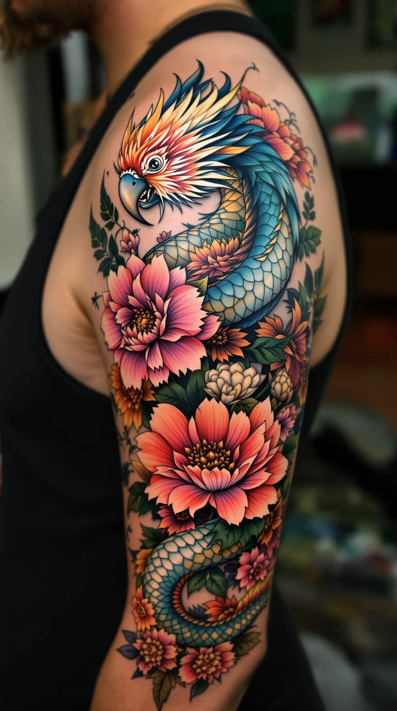 컬러 드래곤 플라워 슬리브 타투 (Colored Dragon Flower Sleeve Tattoo) 대표 이미지
